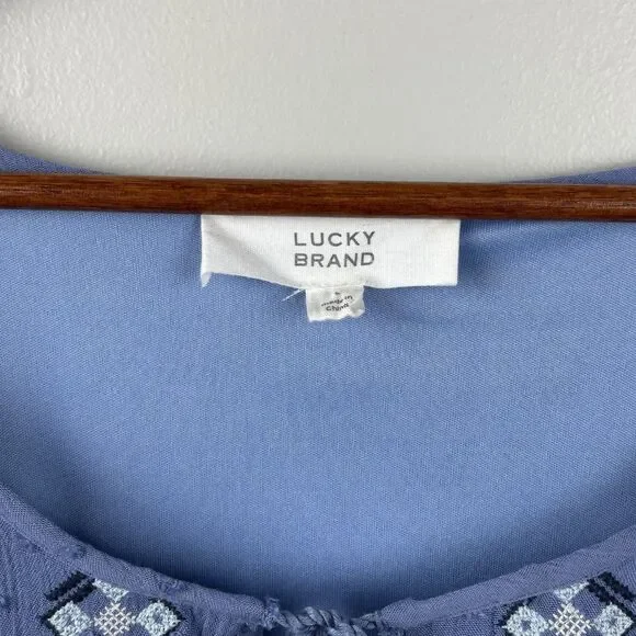 Lucky Brand Women Dress Blue Size Large Boho  V Neck Tie Short Sleeve Smock - Picture 4 of 9